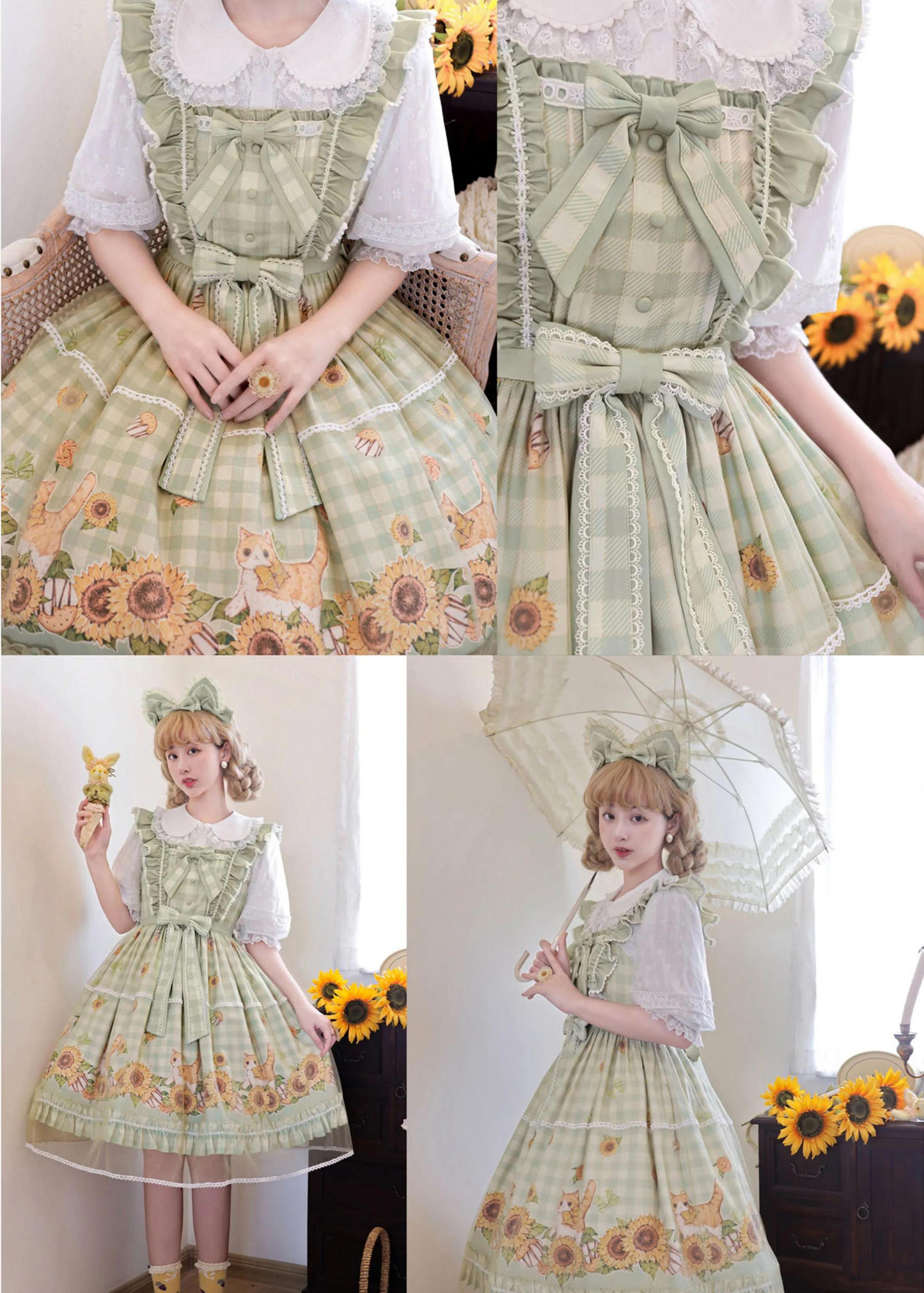 Cat and Sunflower Gingham Check Jumper Skirt Available in 3 Colors