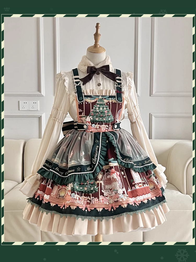 ネザーランドドワーフとクリスマスツリーのジャンパースカート ファーティペット付