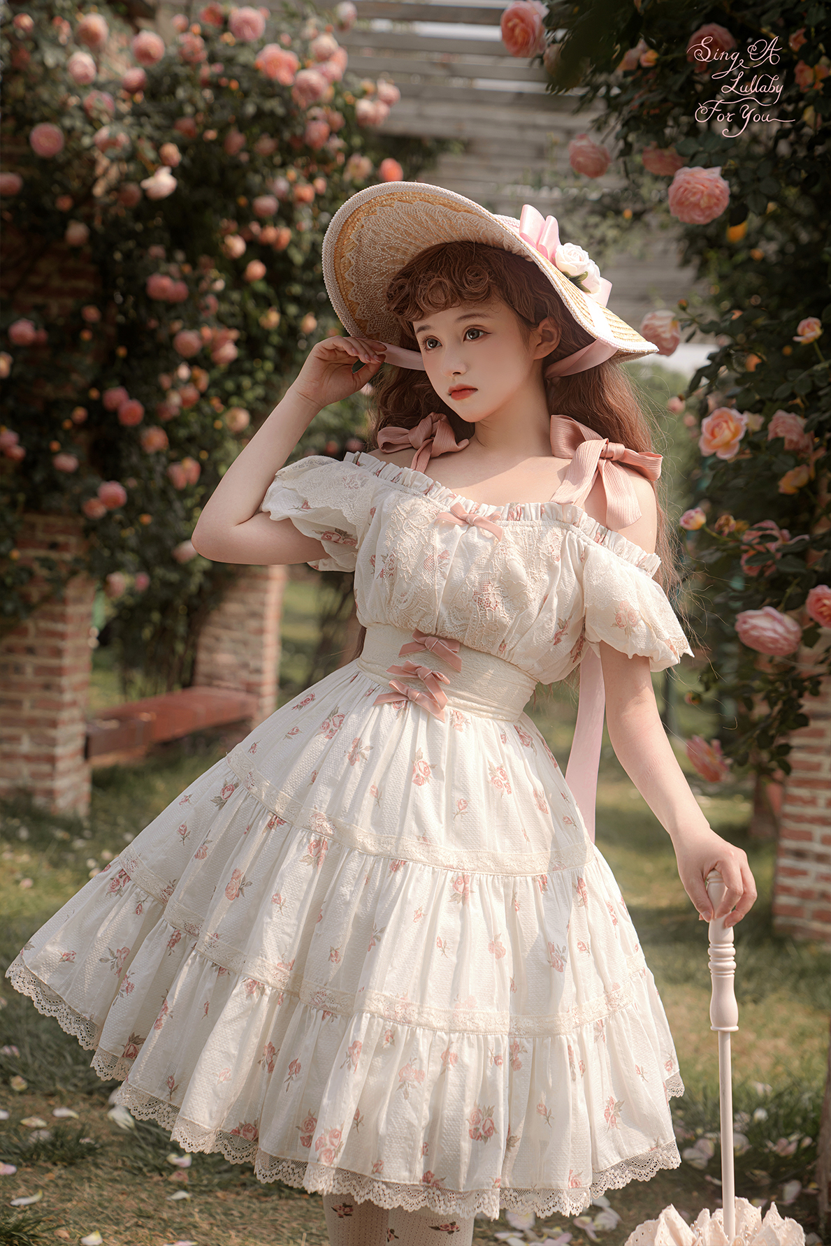 Blooming Rose Pink Ribbon Off Shoulder Short Sleeve Dress