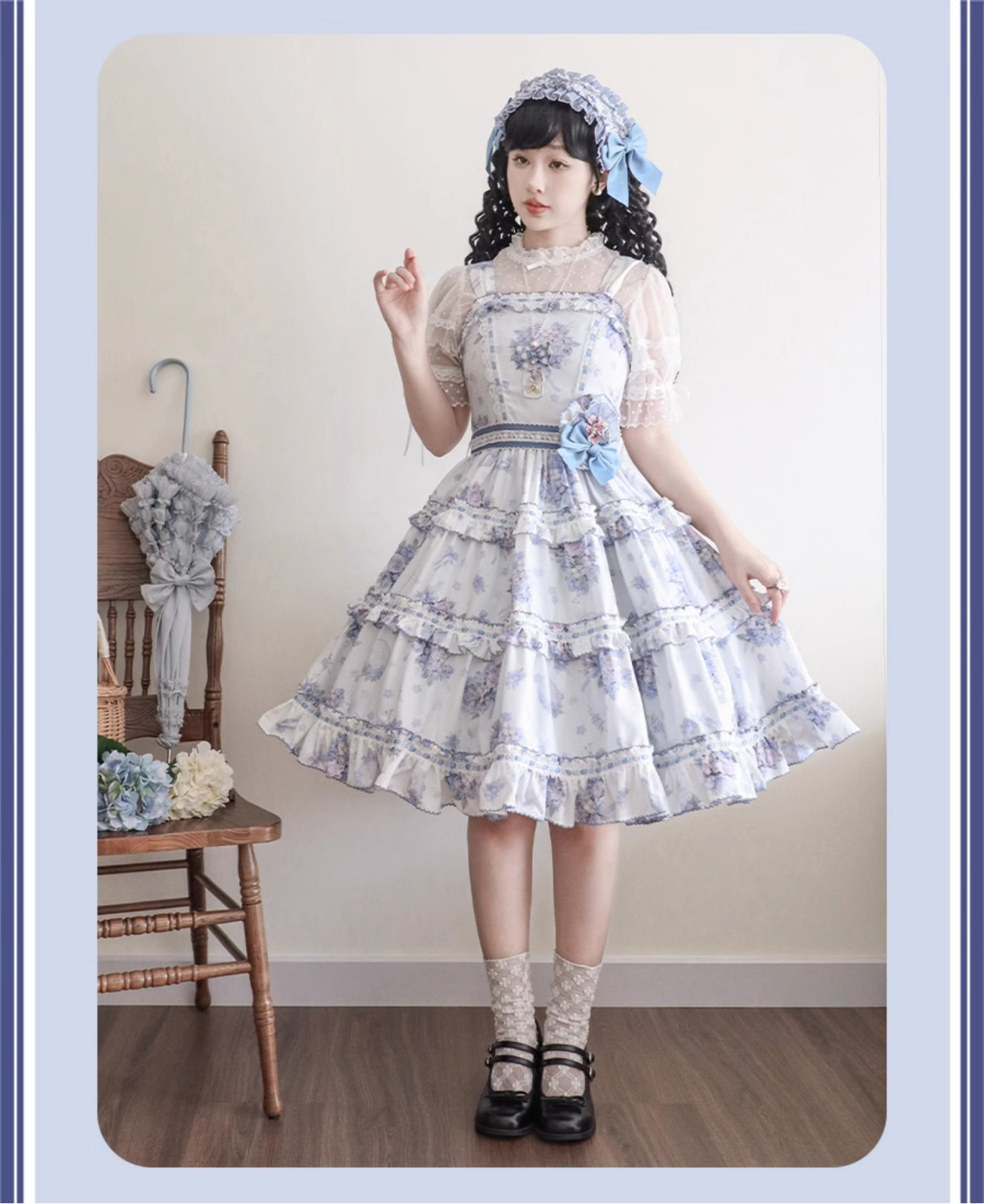 Eternal Bouquet 青花プリントジャンパースカート ショート丈とロング丈
