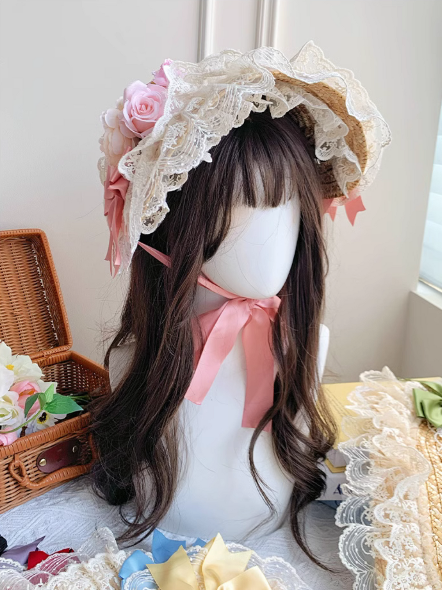 Straw hat bonnet with roses and ribbons