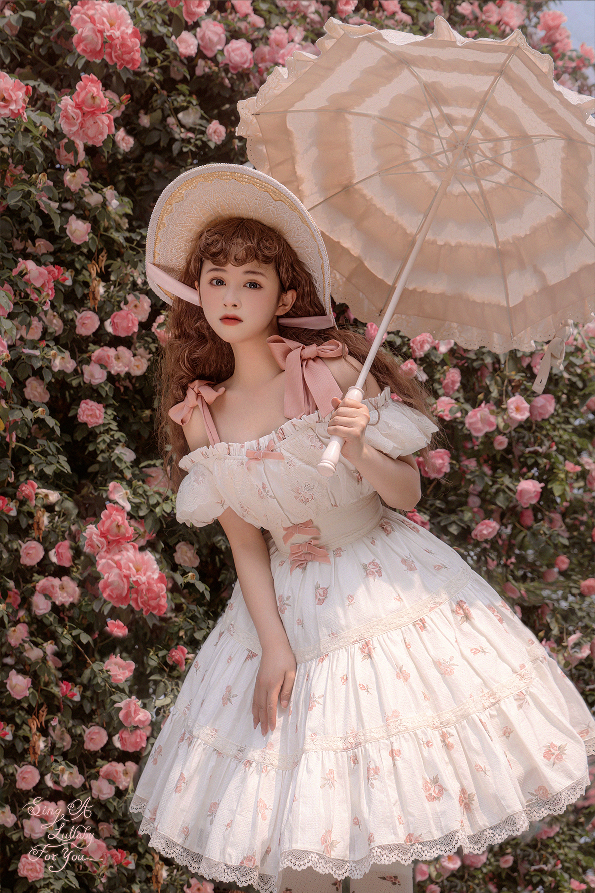 Blooming Rose ピンクリボンのオフショルダー半袖ワンピース Blooming Rose ピンクリボンのオフショルダー半袖ワンピース