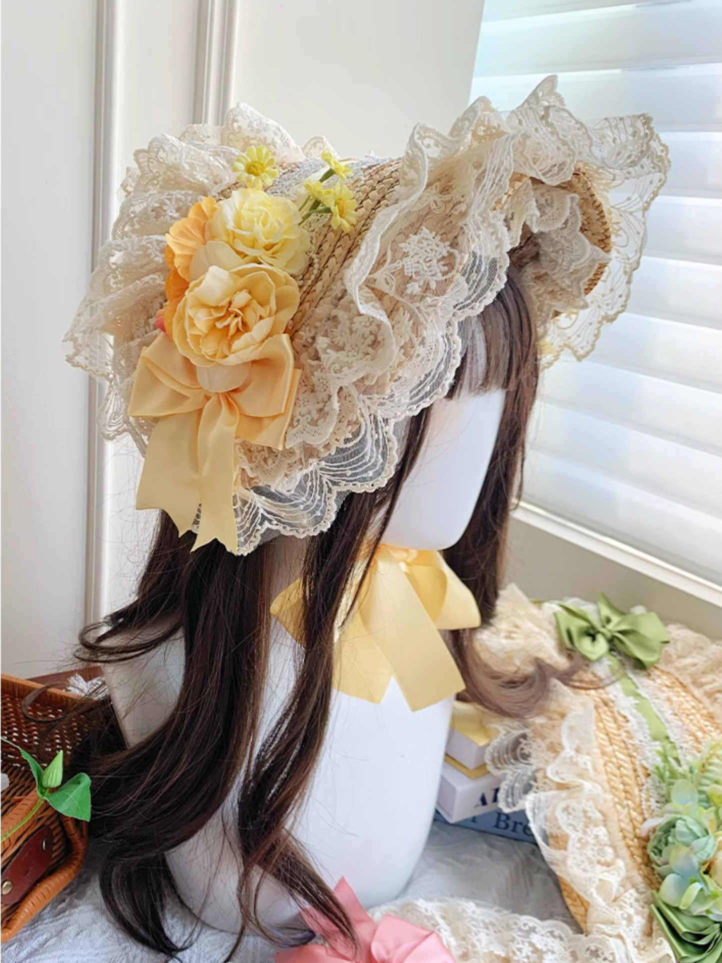 Straw hat bonnet with roses and ribbons