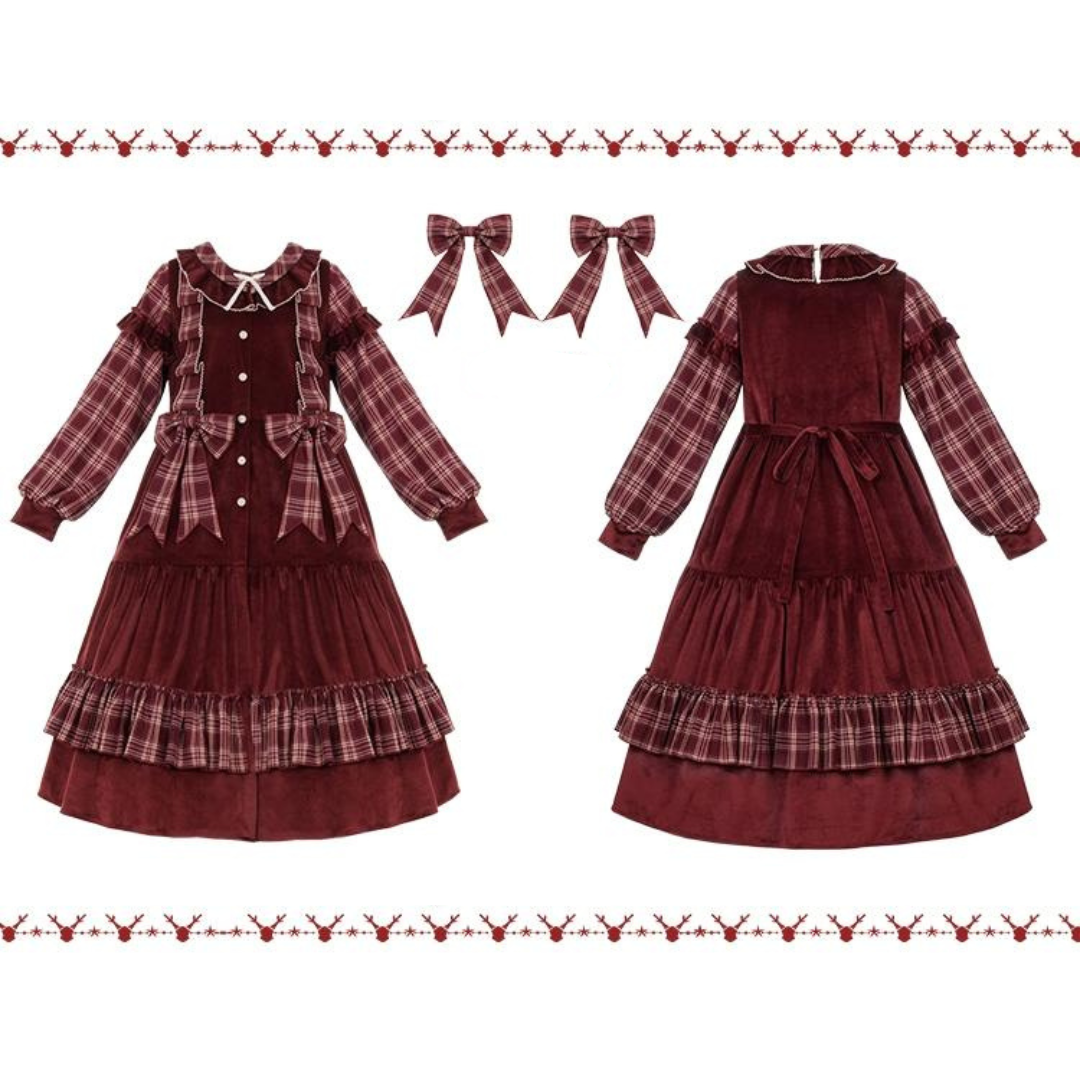 Red check and velvet layered dress