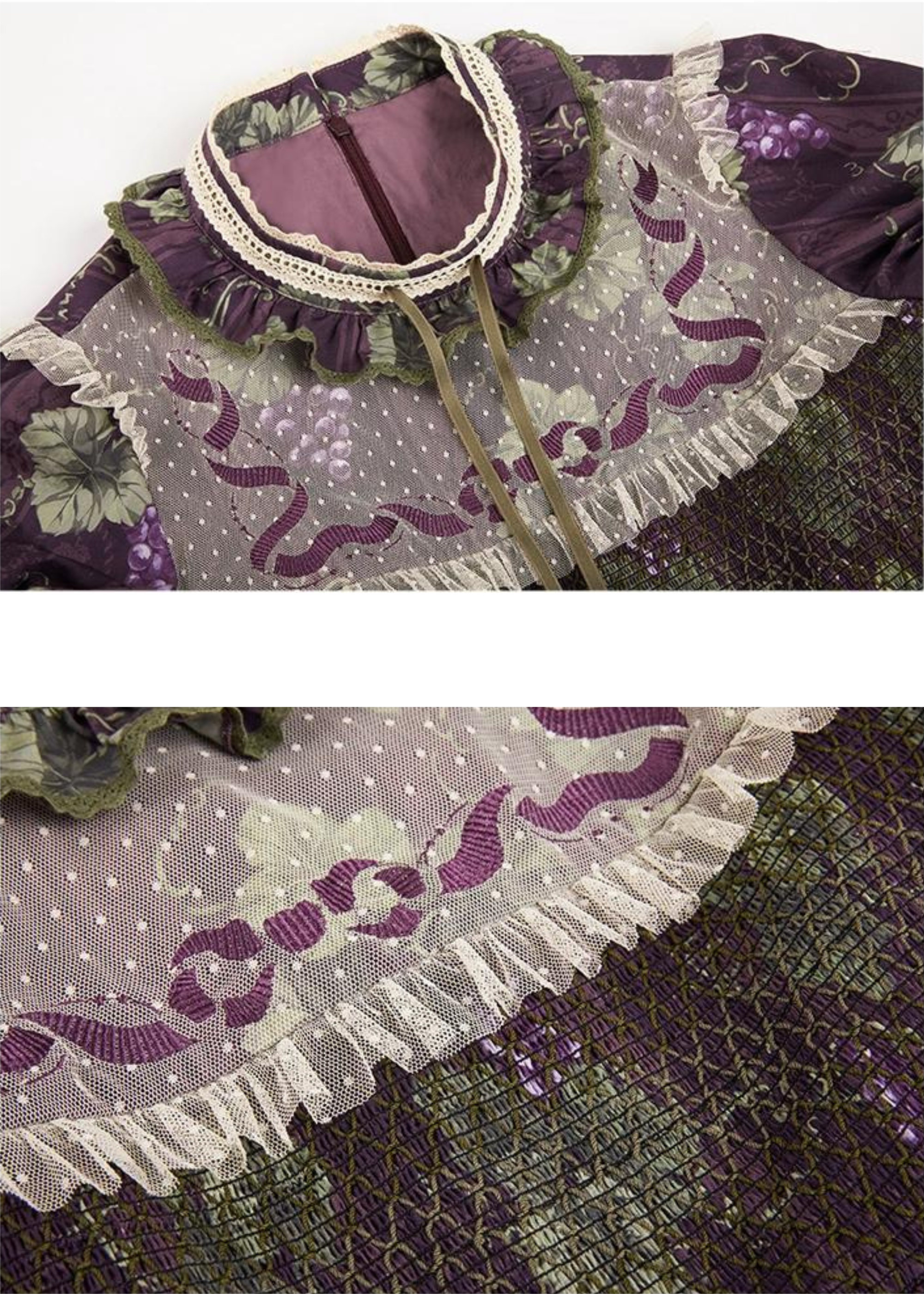 Sunny Rouge 葡萄模様のスタンドカラー半袖ワンピース