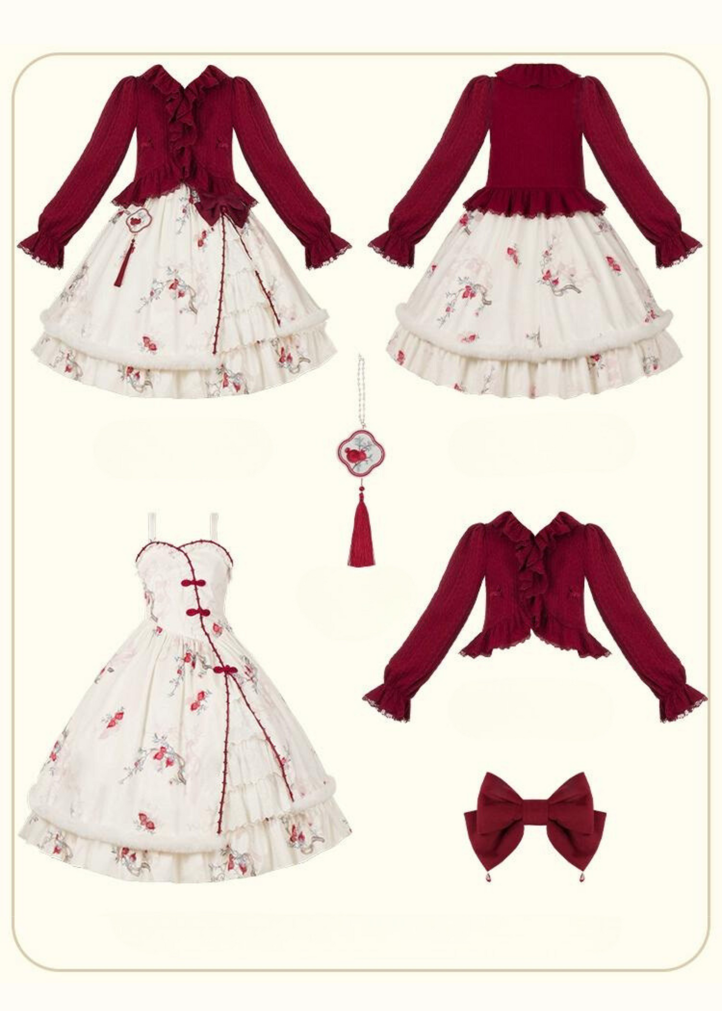 Pomegranate pattern jumper skirt and frilled cardigan