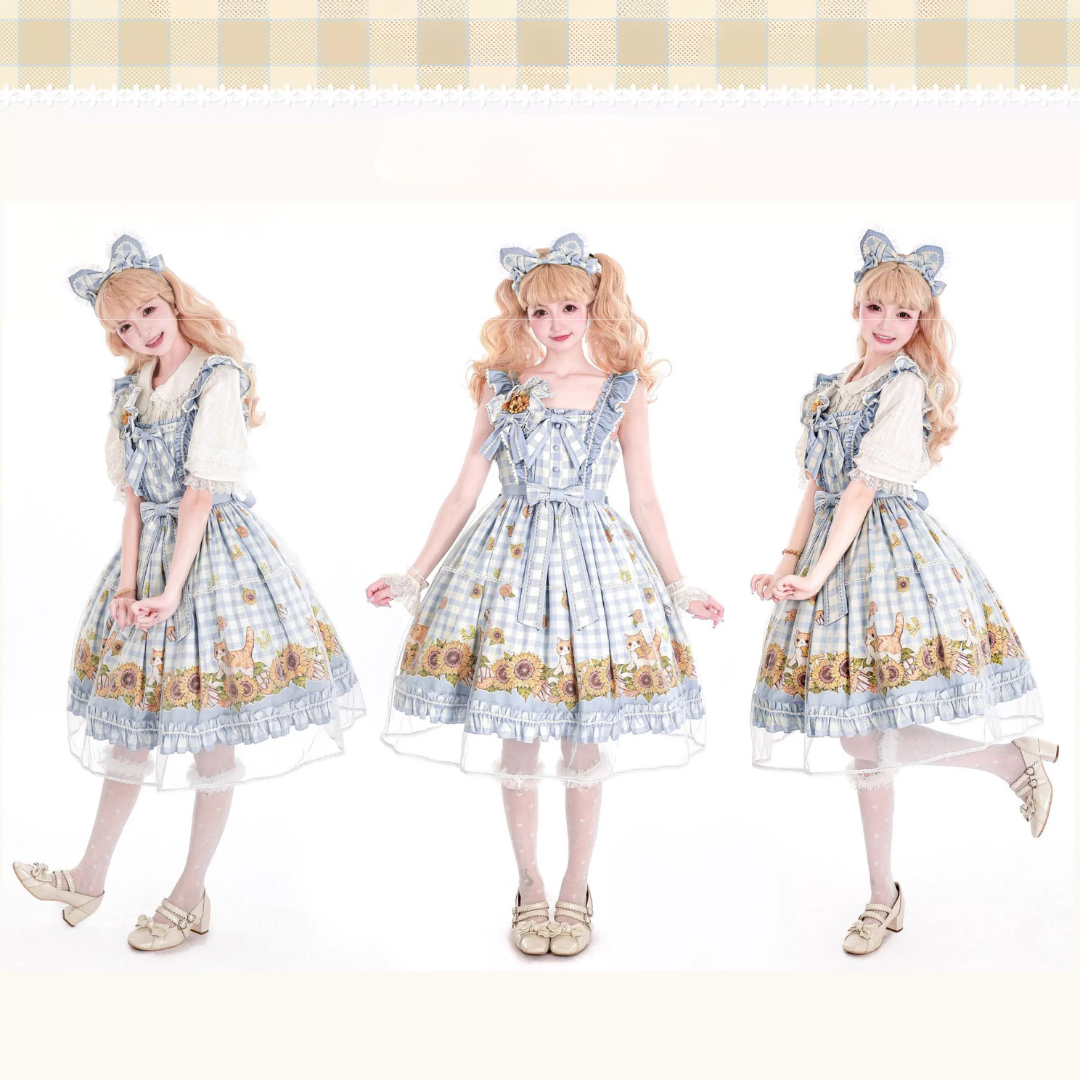 Cat and Sunflower Gingham Check Jumper Skirt Available in 3 Colors