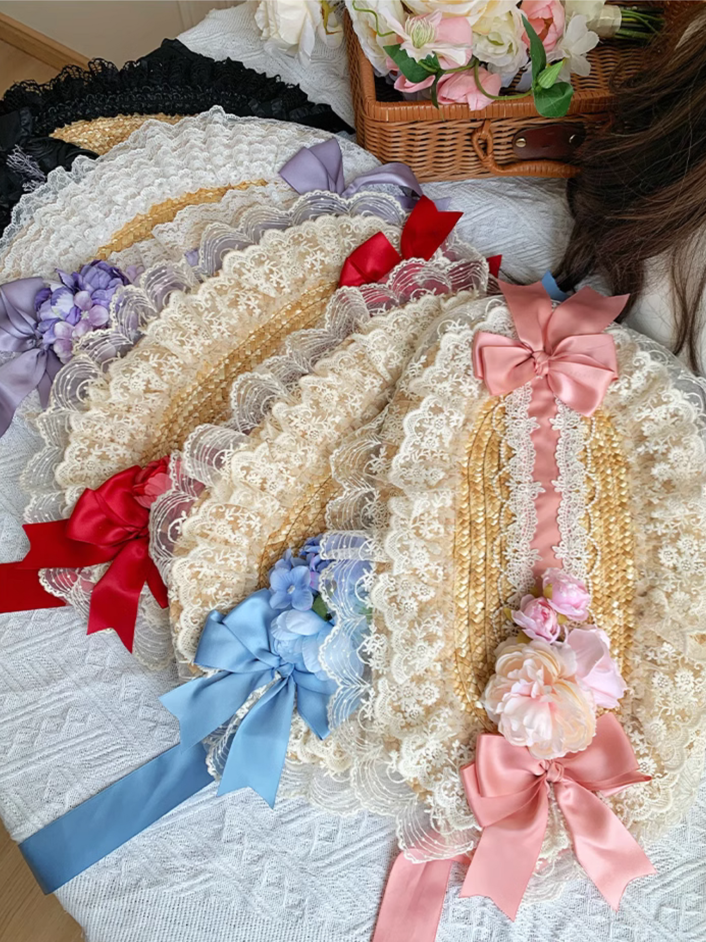 Straw hat bonnet with roses and ribbons