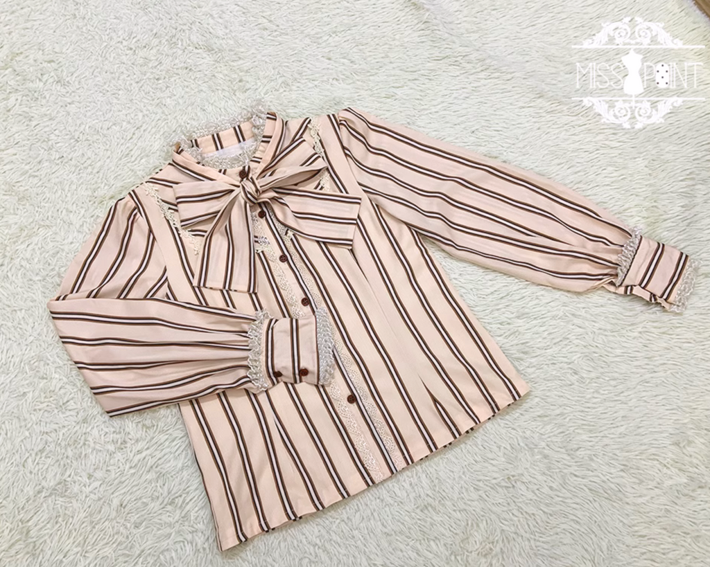 【予約販売】Coffee Break ストライプリボンタイブラウス【合わせ買いで20%off】