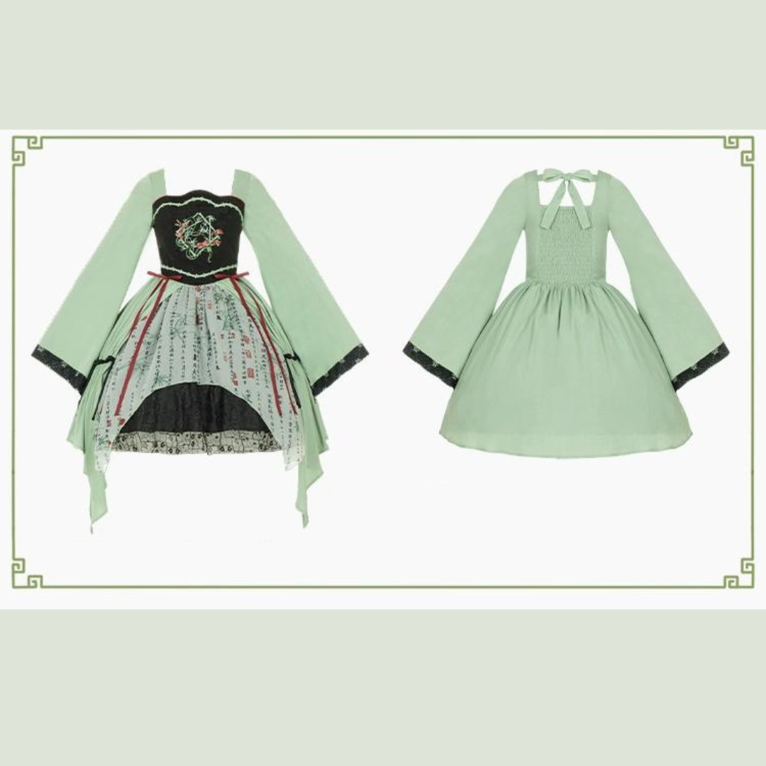 白緑 竹模様のスクエアネックワンピース