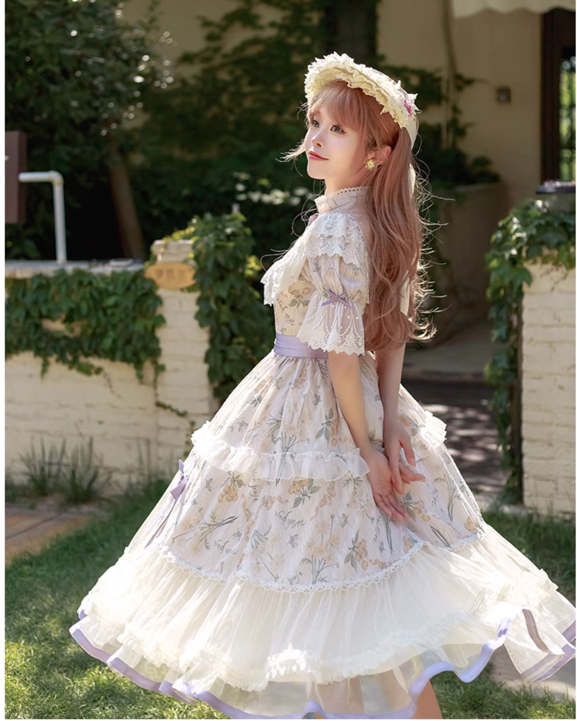 Four Seasons Inflorescenceラベンダーカラー半袖ワンピース