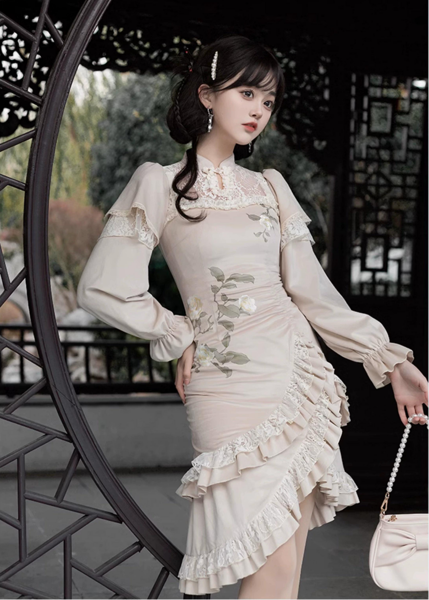 White camellia Chinese dress style one-piece