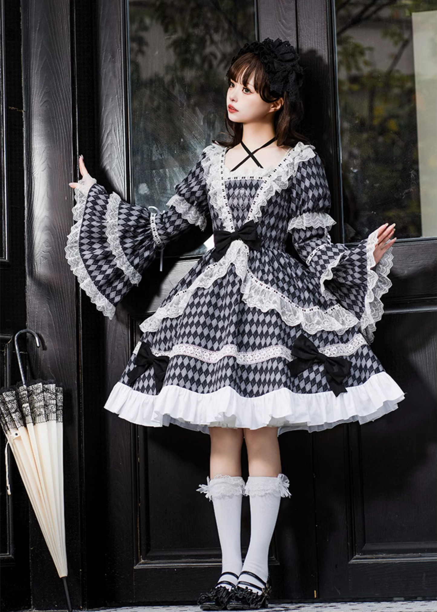 Diamond check pattern princess sleeve dress