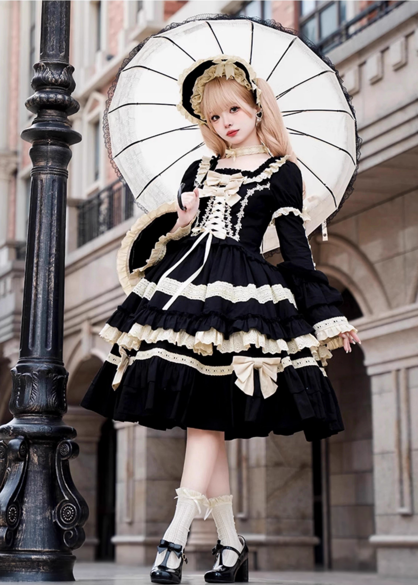 Seventh Night Chapter Front Ribbon Dress with Inner Skirt, Attached Sleeves, and Choker