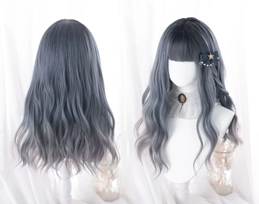 Lolita wig, blue-gray, fluffy, long curls