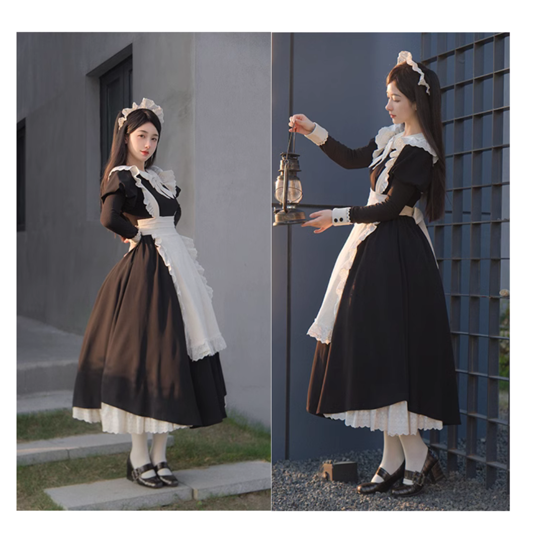 【unaちゃん着用】クラシカルエプロンのメイド風ワンピース ロング丈 アームスリーブ付き