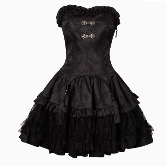 Hana Tabi: A black Hana-Loli set with irregular hem top and frill skirt