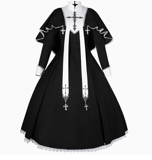Nun-style cross-design gothic lolita long dress and cape – ロリータファッション通販RonRon