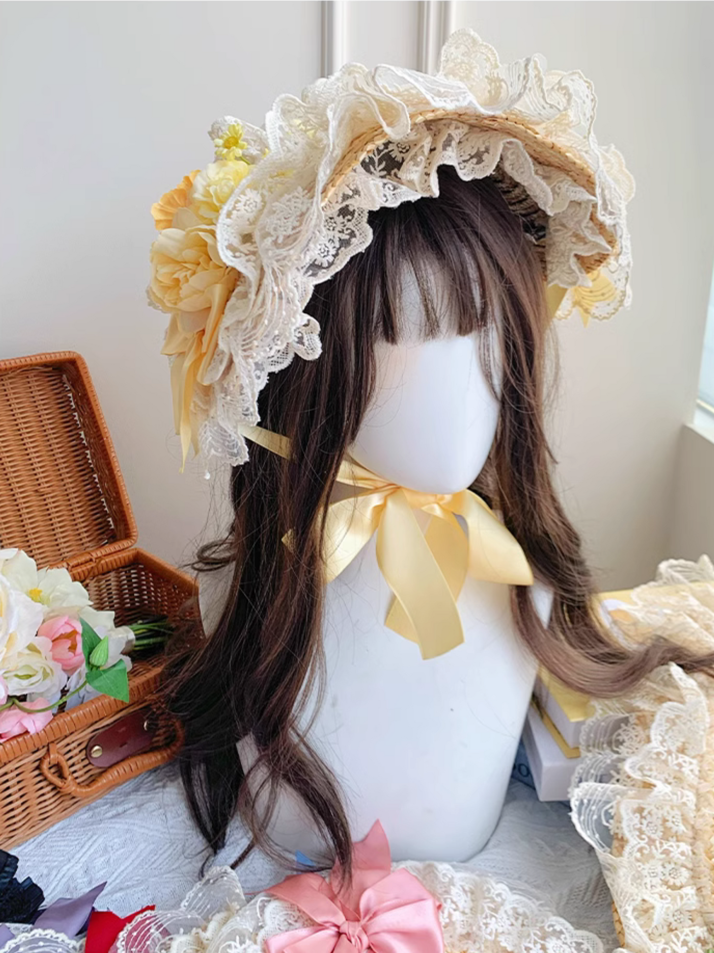 Straw hat bonnet with roses and ribbons