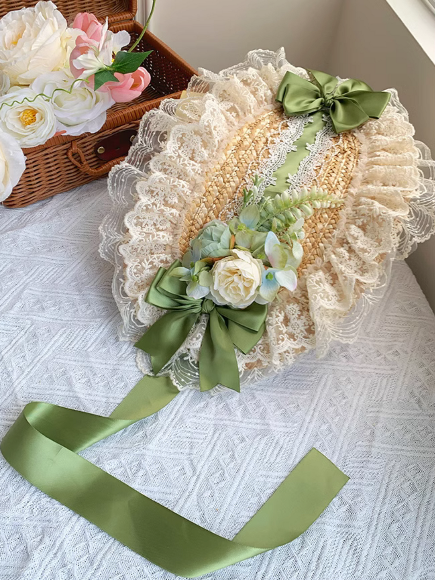 Straw hat bonnet with roses and ribbons