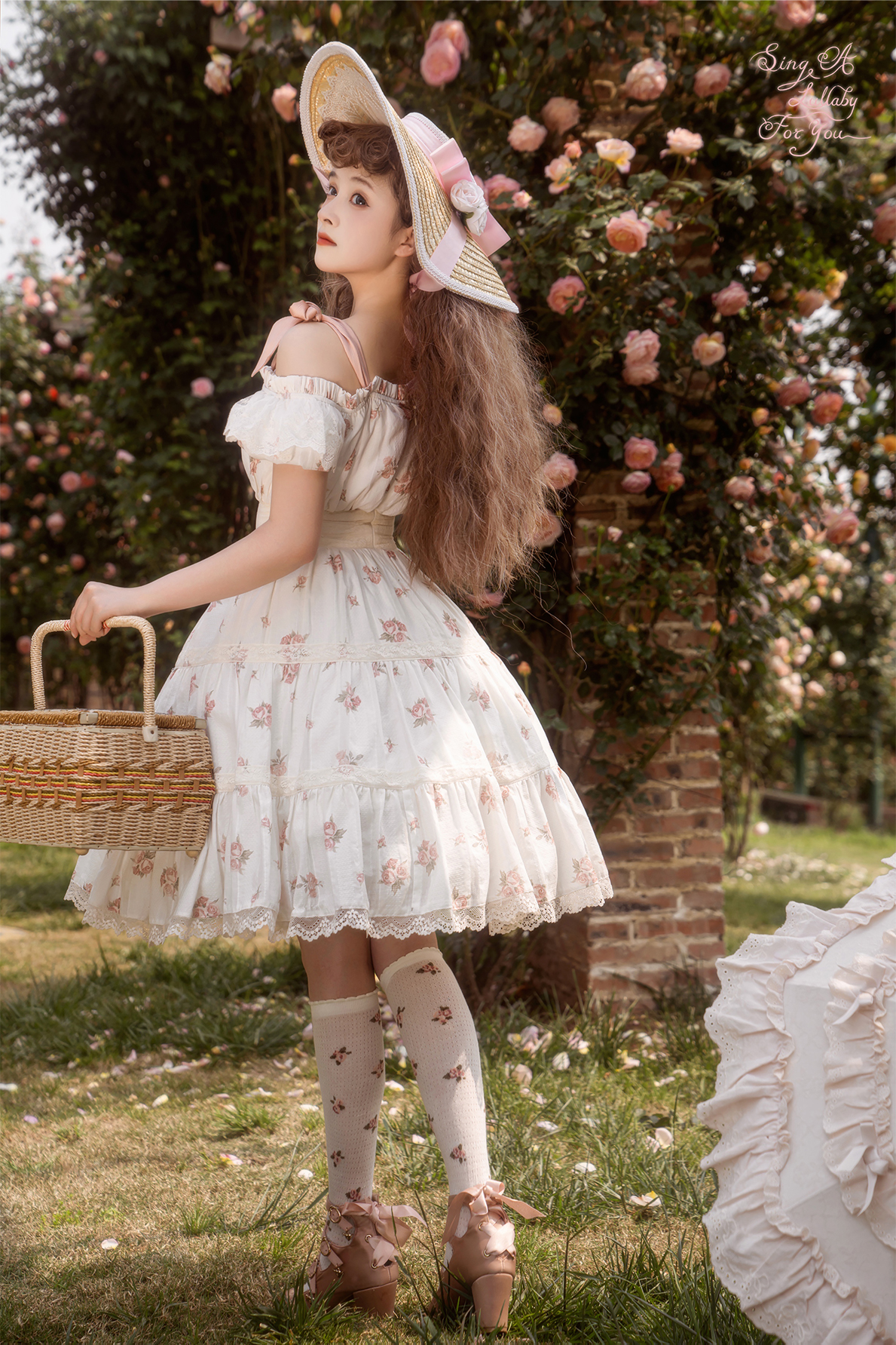 Blooming Rose Pink Ribbon Off Shoulder Short Sleeve Dress