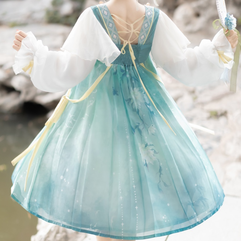 Hana loli dress with green and blue flower embroidery