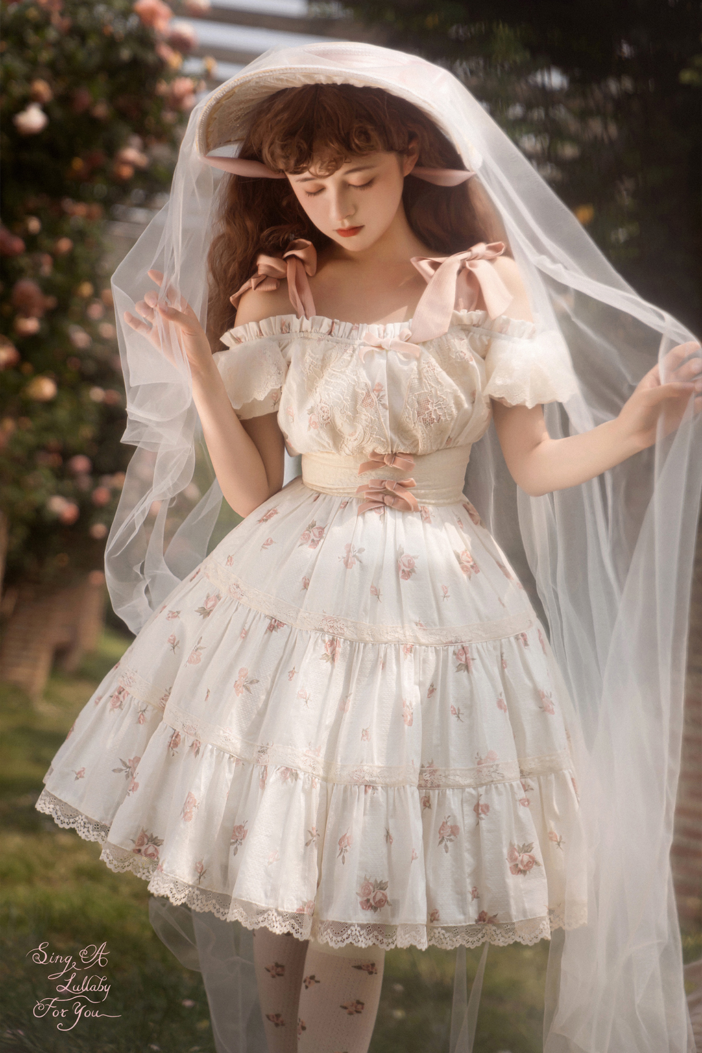 Blooming Rose ピンクリボンのオフショルダー半袖ワンピース