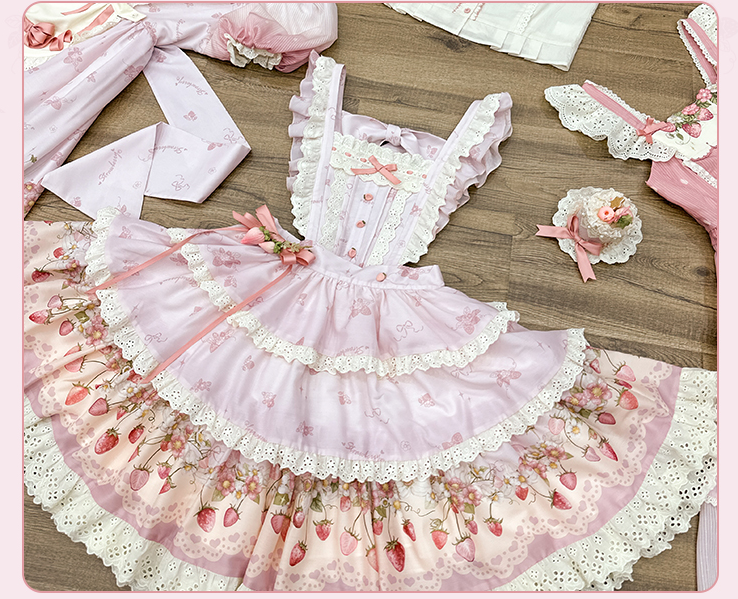 Strawberry Chiffon 胸当て付き三段スカート