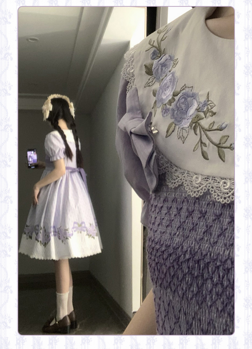 野ばらのレトロ刺繍半袖ワンピース