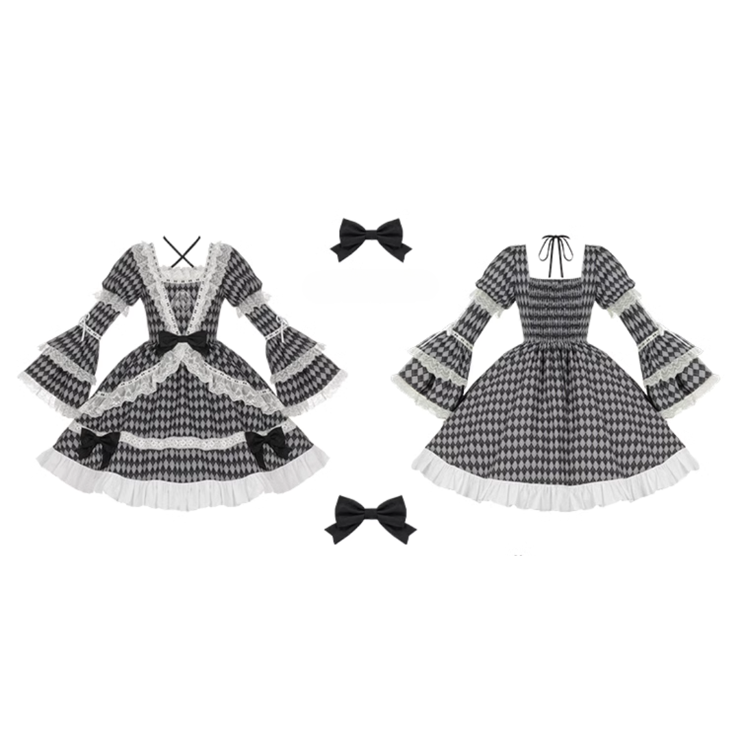 Diamond check pattern princess sleeve dress