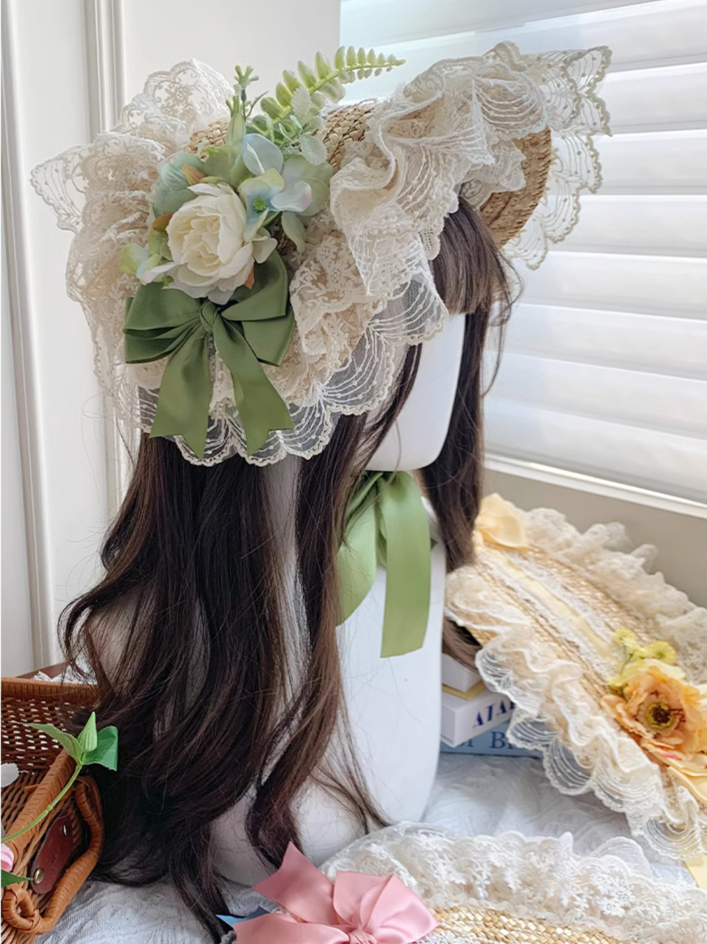 Straw hat bonnet with roses and ribbons