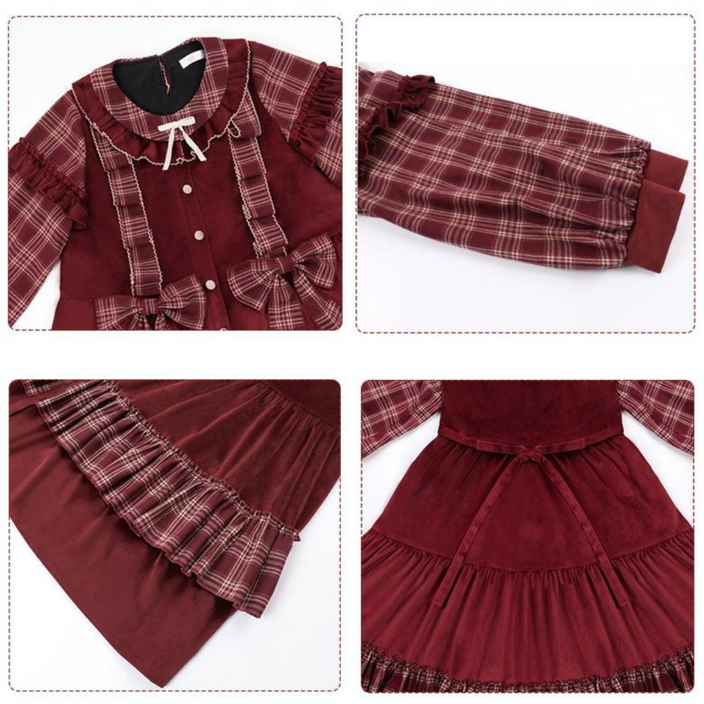 Red check and velvet layered dress
