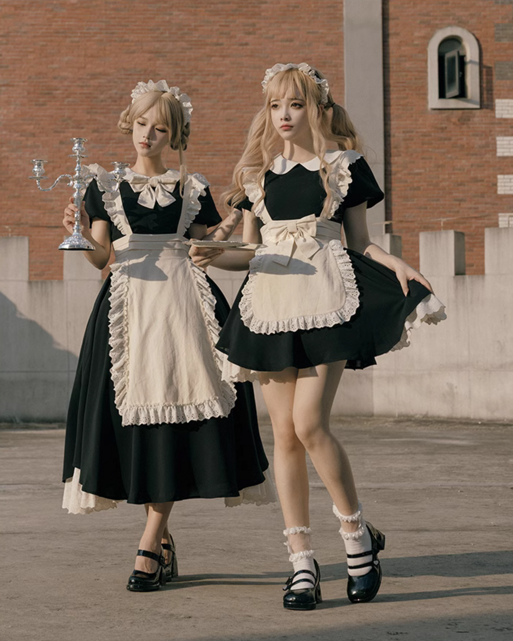 【unaちゃん着用】クラシカルエプロンのメイド風ワンピース ロング丈 アームスリーブ付き