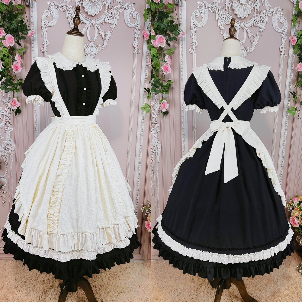 フリル襟の半袖メイドワンピース エプロン付き ロング丈