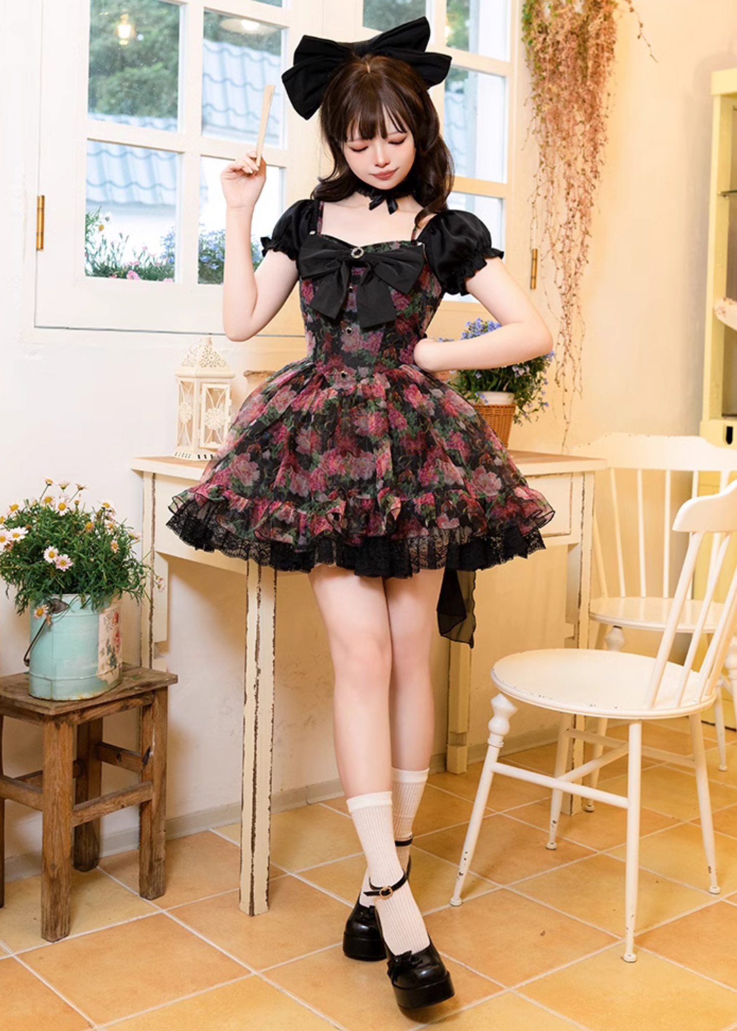 Peony flower 3way black mini dress