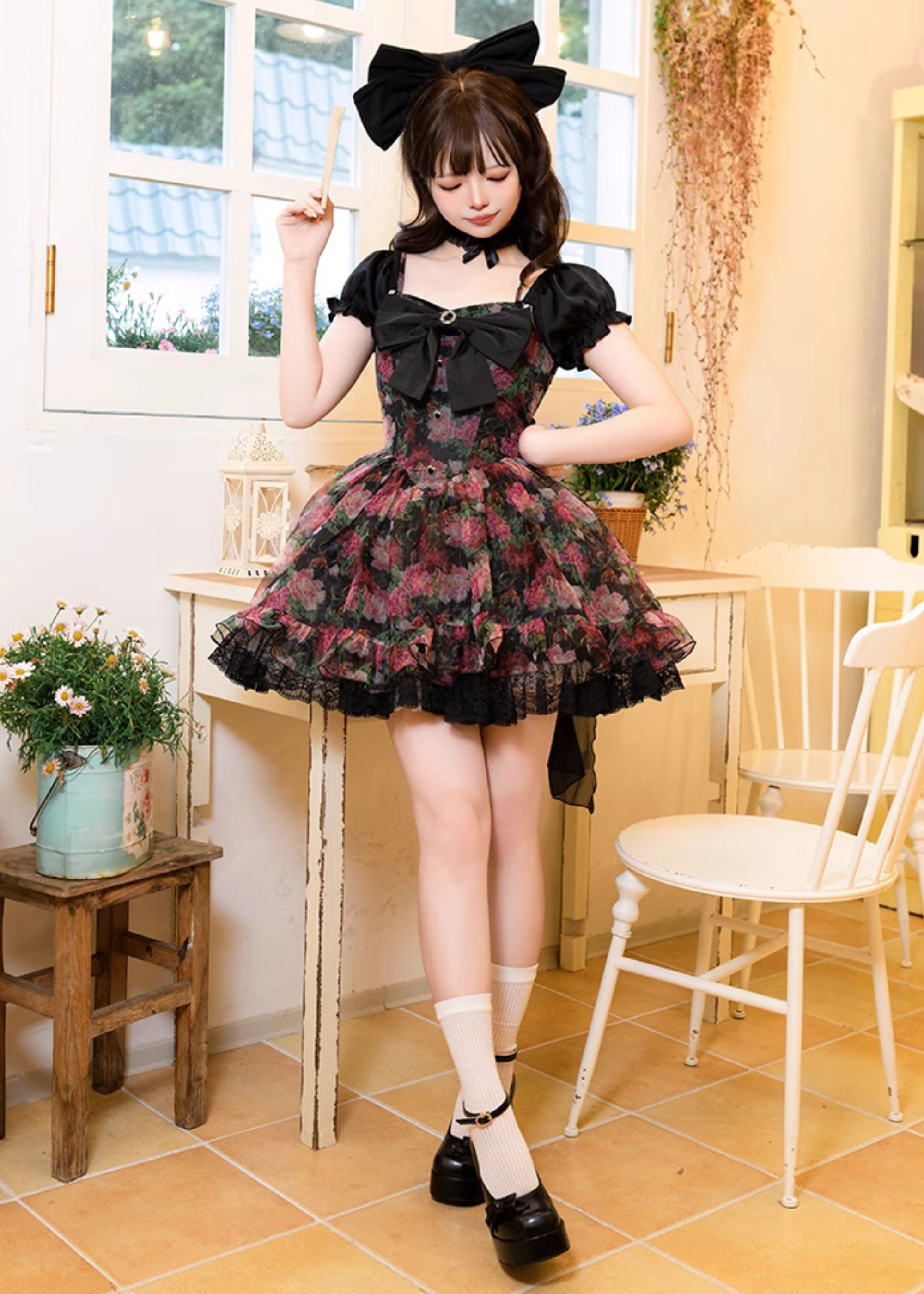 牡丹の花咲く3wayブラックミニワンピース