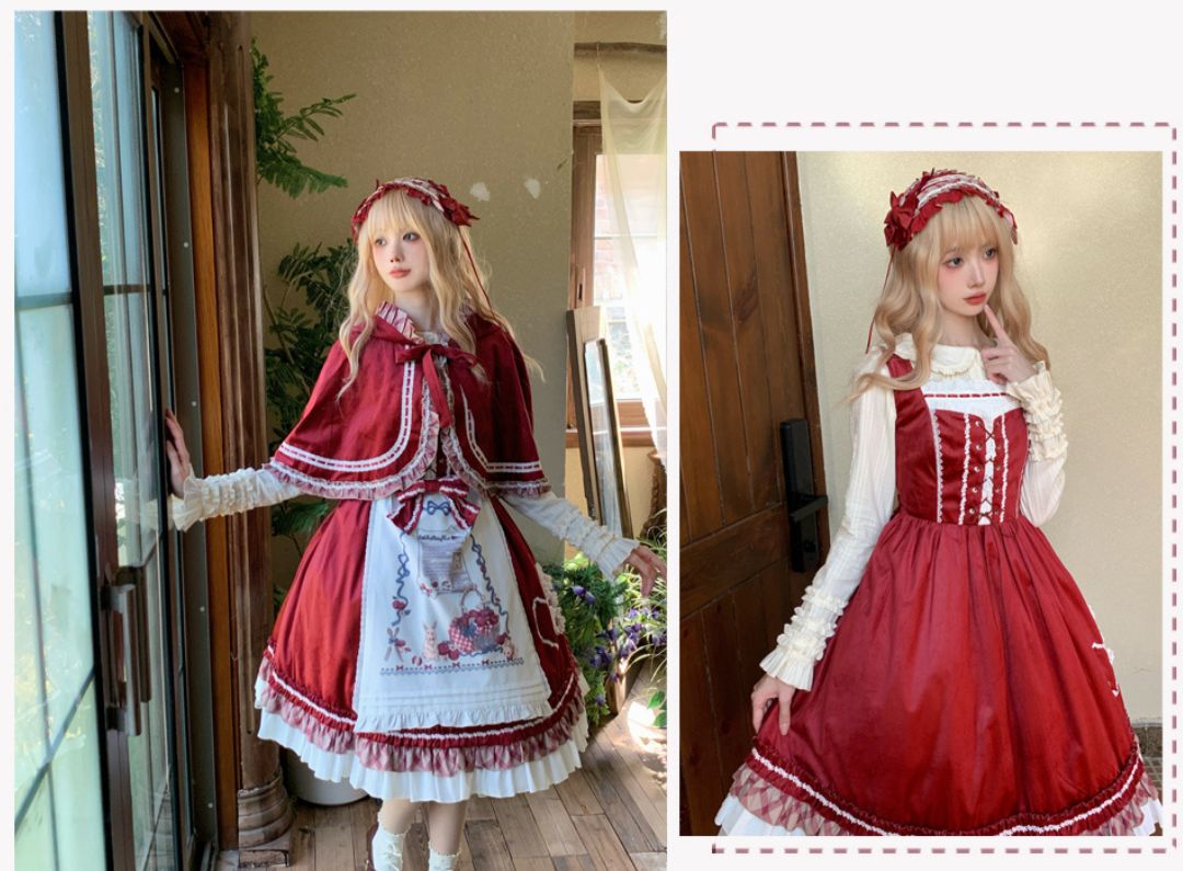レトロガーリージャンパースカート エプロンとケープ付き 全2色