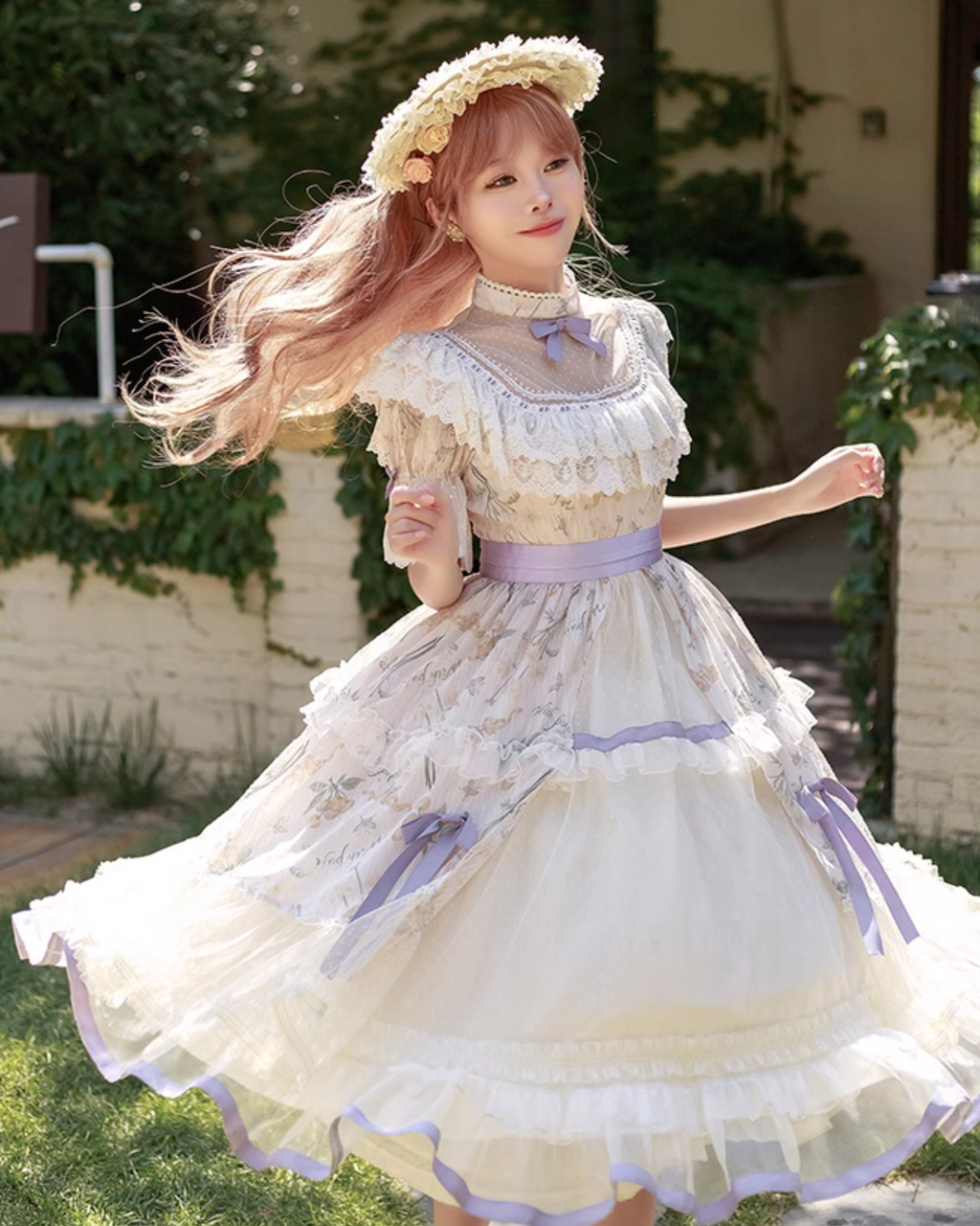 Four Seasons Inflorescenceラベンダーカラー半袖ワンピース