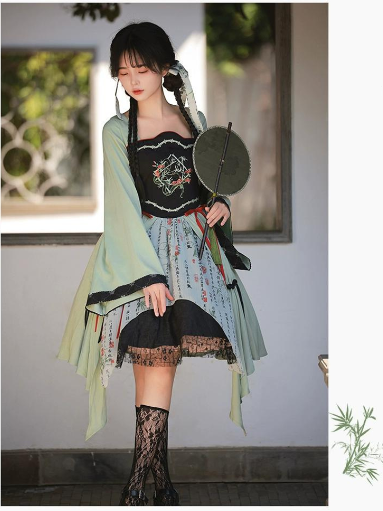 白緑 竹模様のスクエアネックワンピース