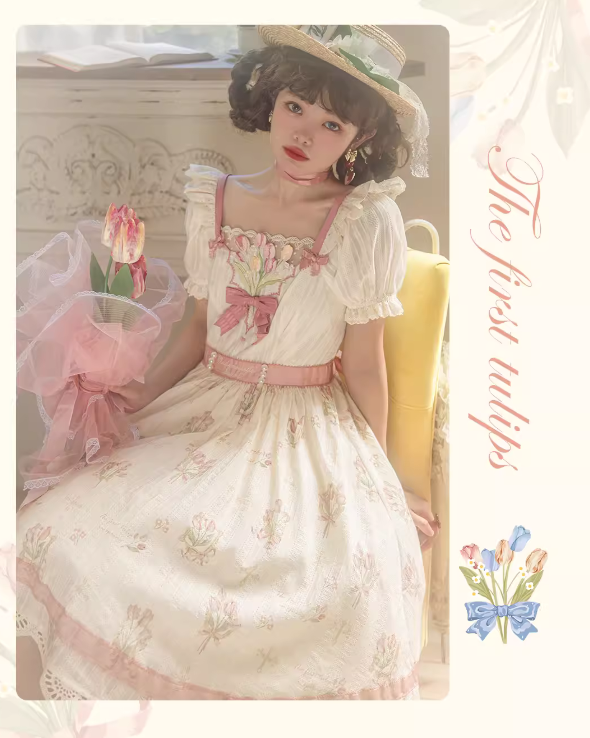 Tulip Bouquet スクエアネックコットンワンピース