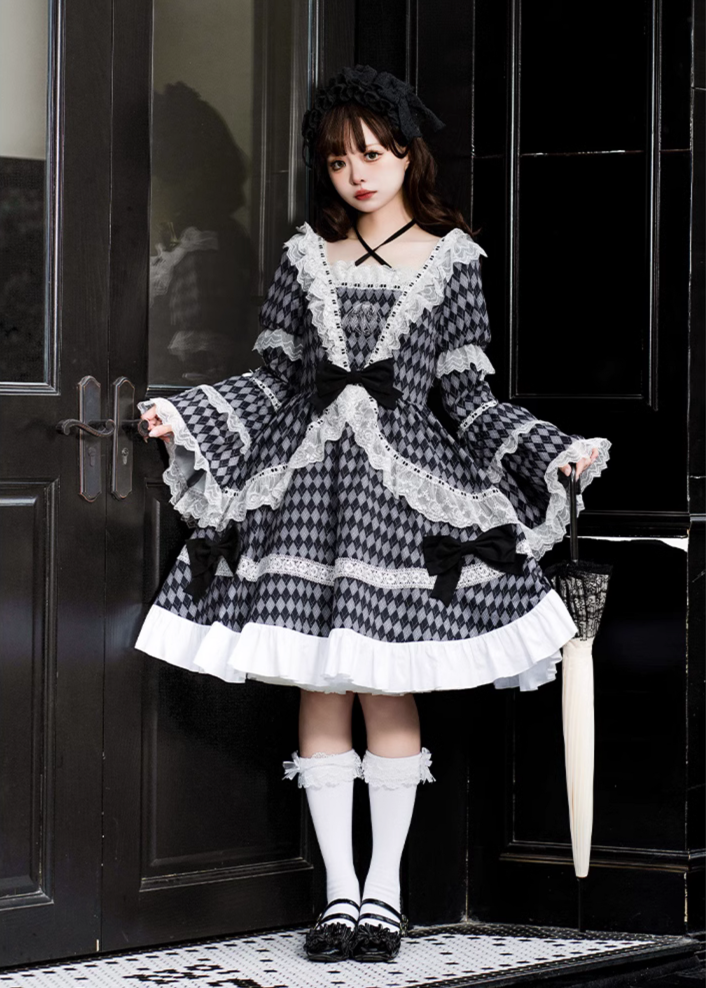 Diamond check pattern princess sleeve dress