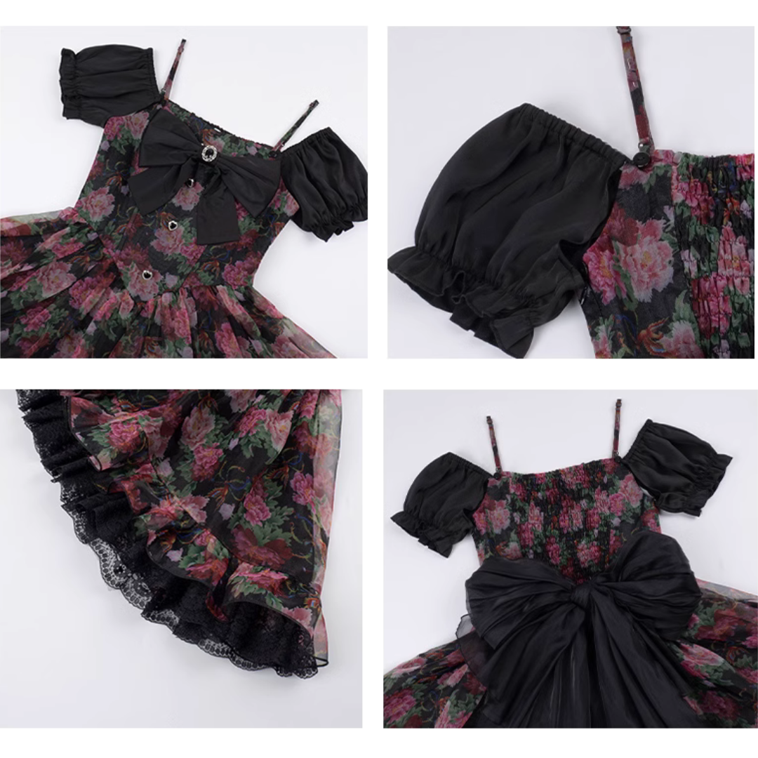 Peony flower 3way black mini dress