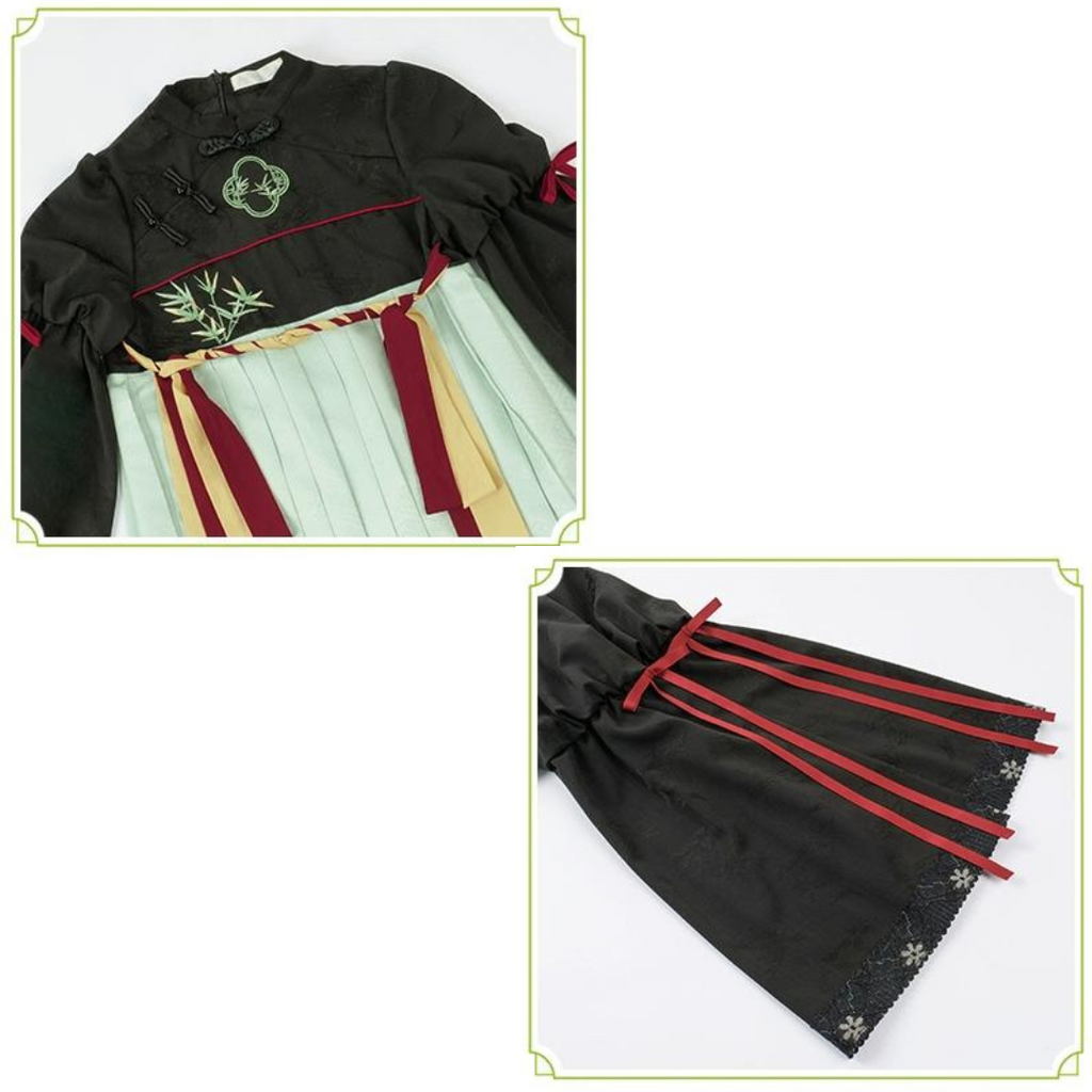 白緑 竹模様の漢服風フェイクツーピースドレス
