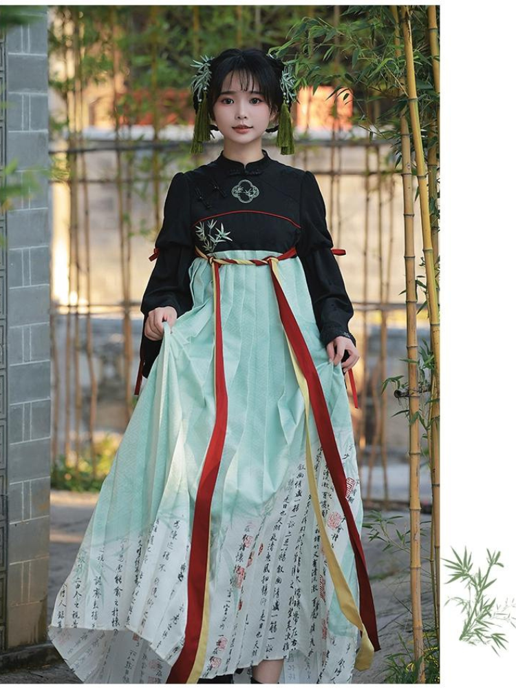 白緑 竹模様の漢服風フェイクツーピースドレス – ロリータファッション ...
