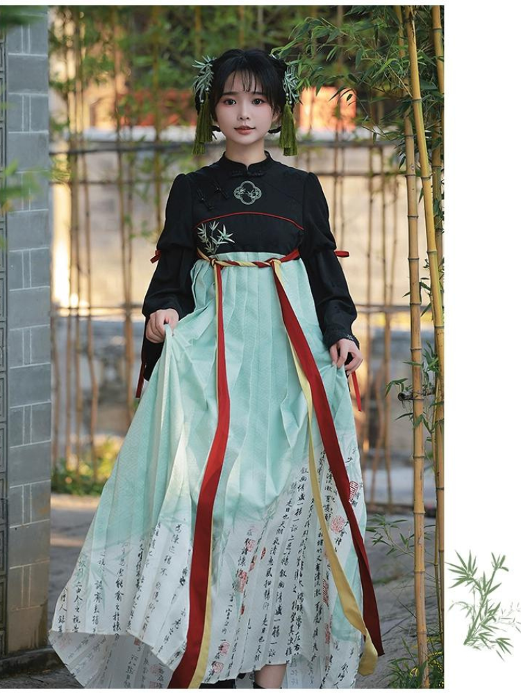 白緑 竹模様の漢服風フェイクツーピースドレス