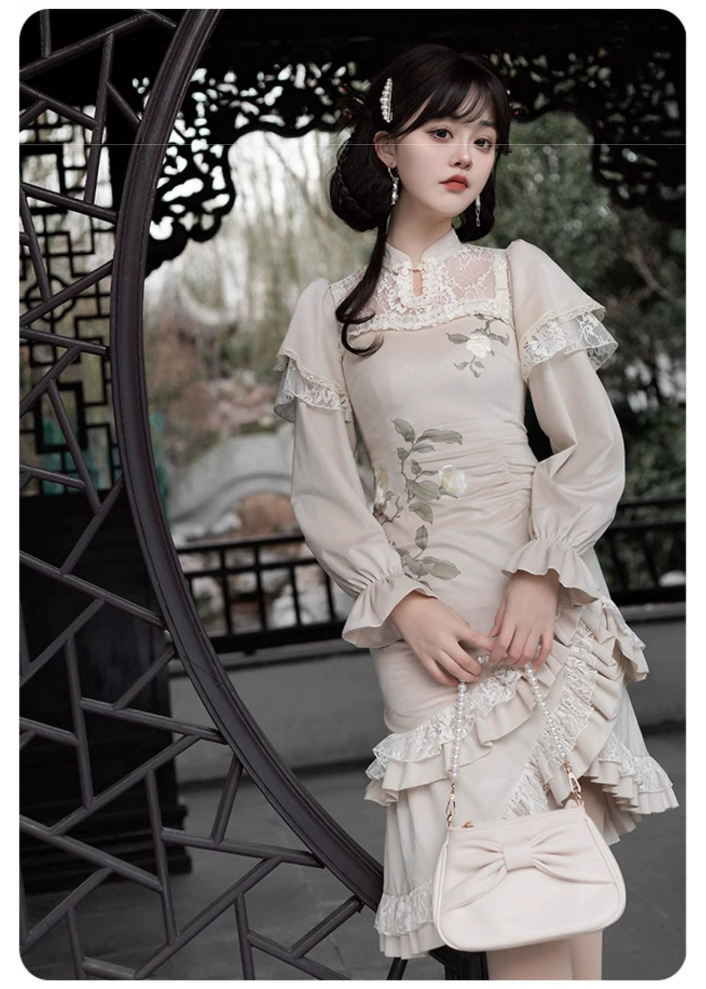 White camellia Chinese dress style one-piece