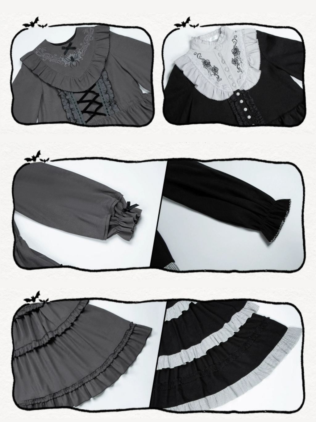 Monochrome Night 蜘蛛刺繍グレーワンピースとエプロン