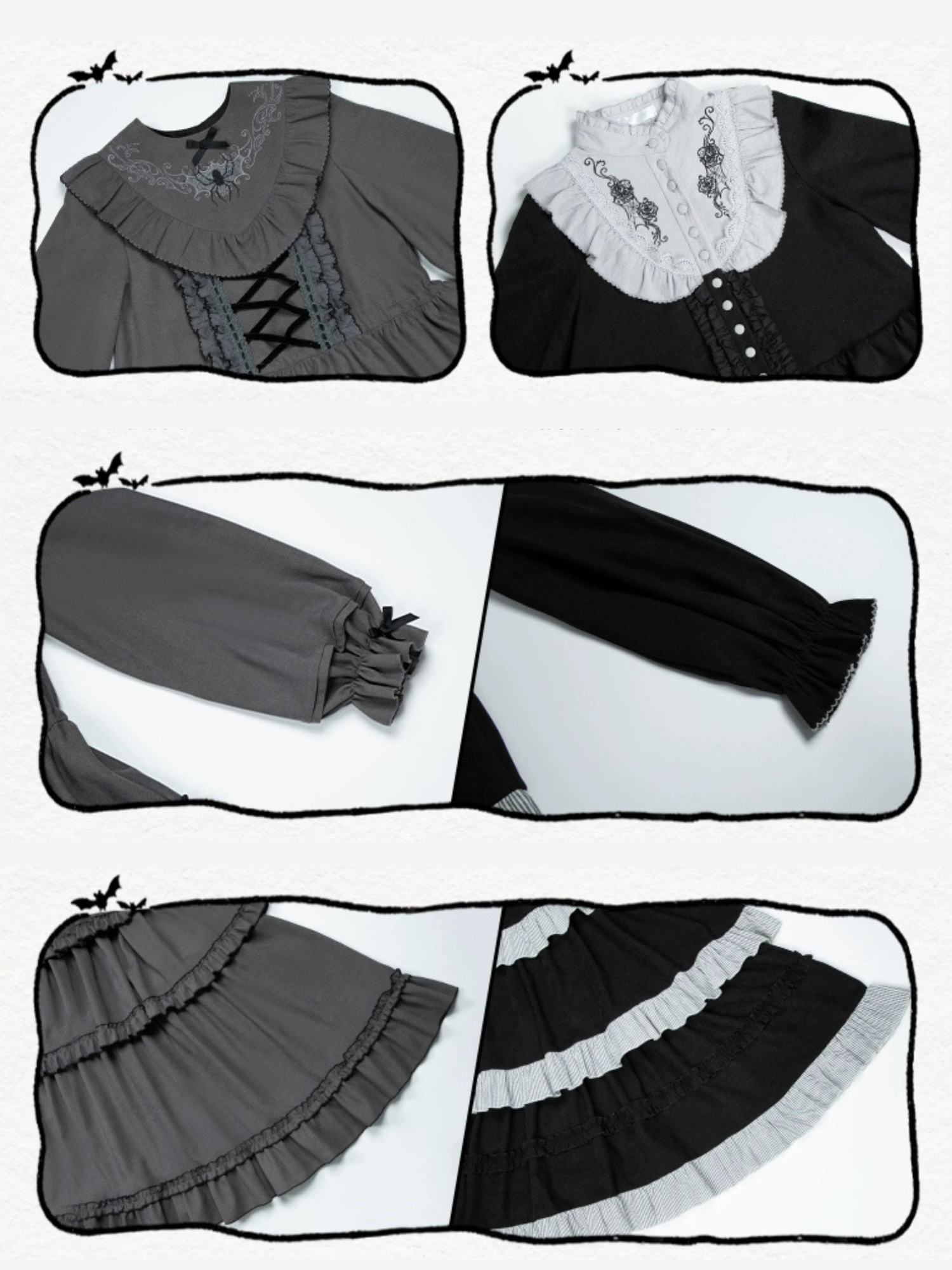 Monochrome Night 蜘蛛刺繍グレーワンピースとエプロン