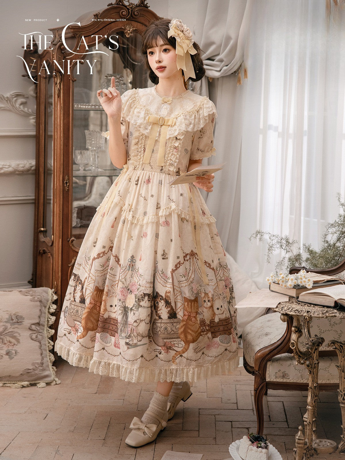 【受注予約7/7まで】The Cat's Vanity 猫柄ラウンドネックワンピース