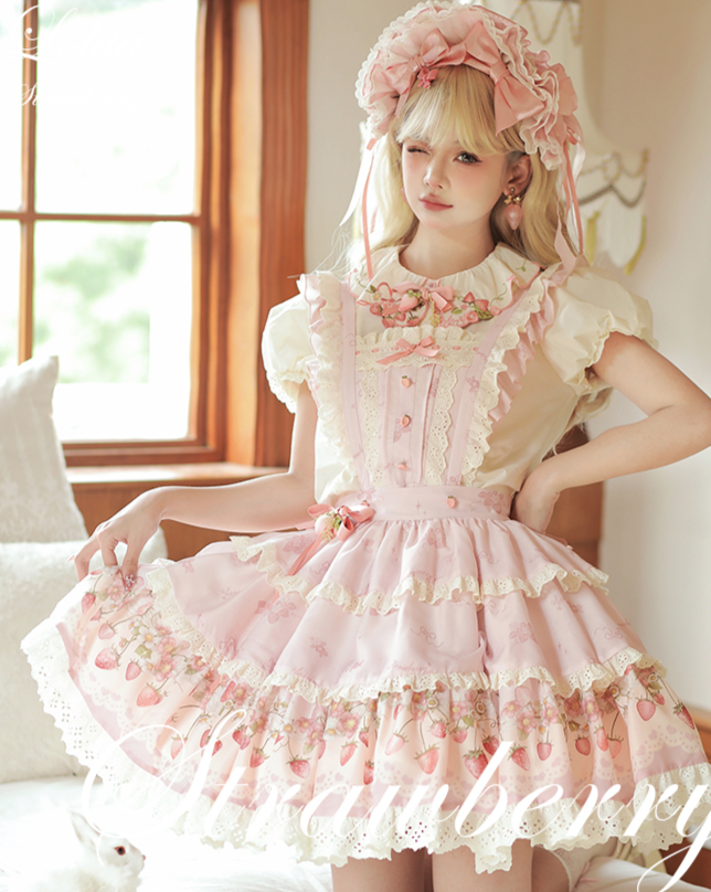 Strawberry Chiffon 胸当て付き三段スカート